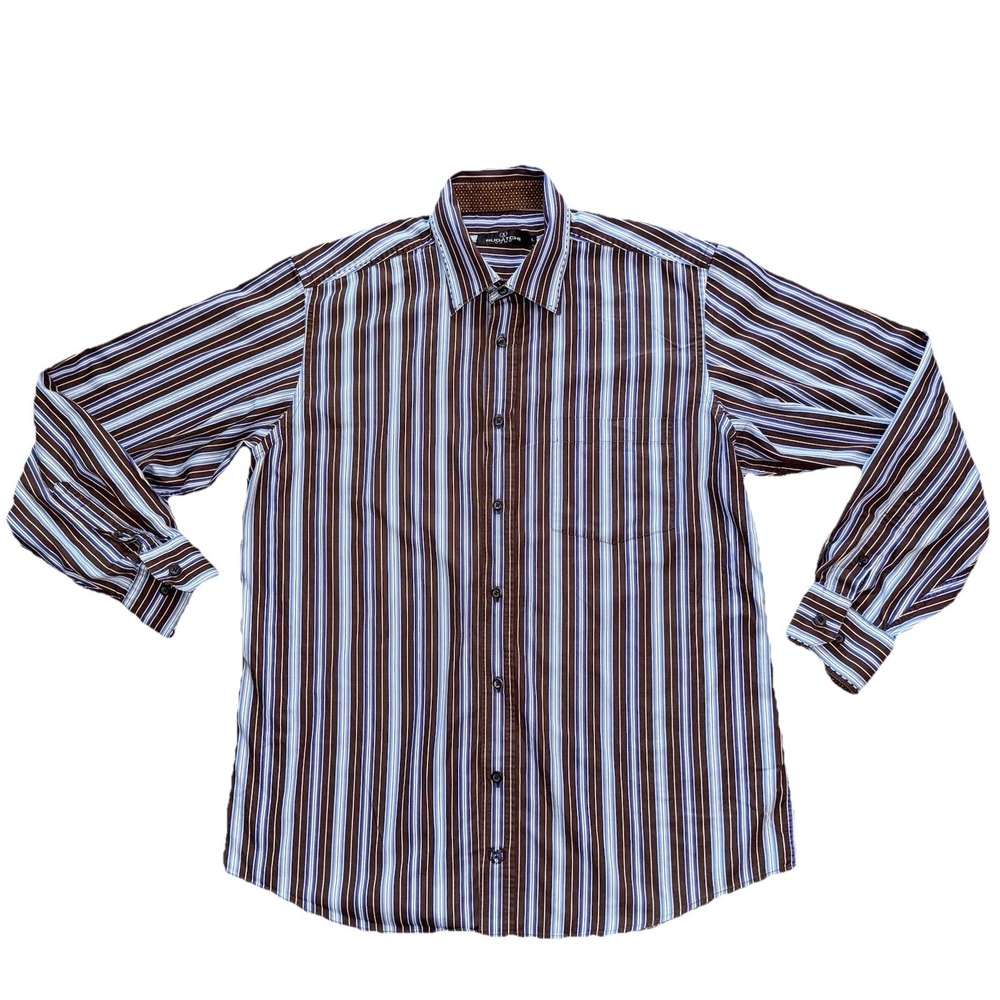 Bugatchi Uomo Mens Shirt Button Up Brown Striped Classic Fit Long Sleeve Sz L‎